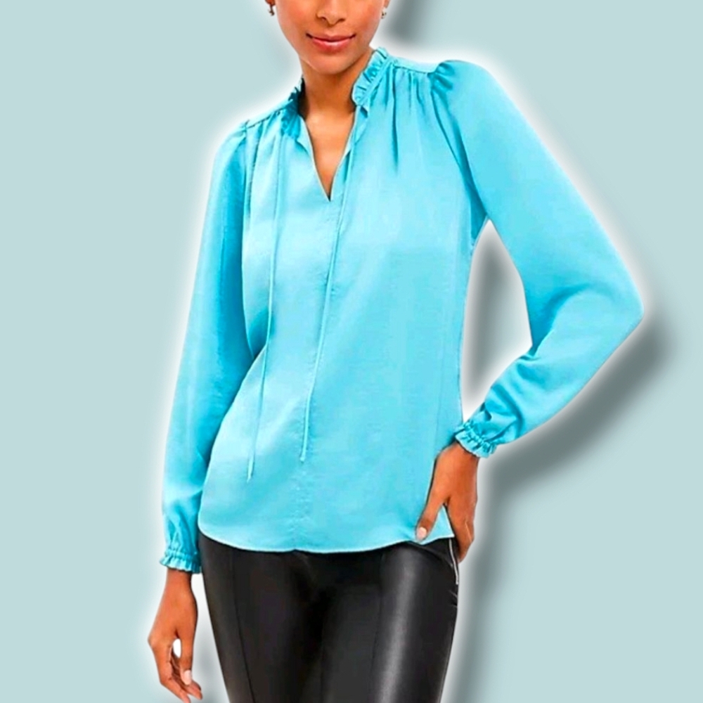 Loft Teal Satin Puff Sleeve Tie Neck Relaxed Blouse XS